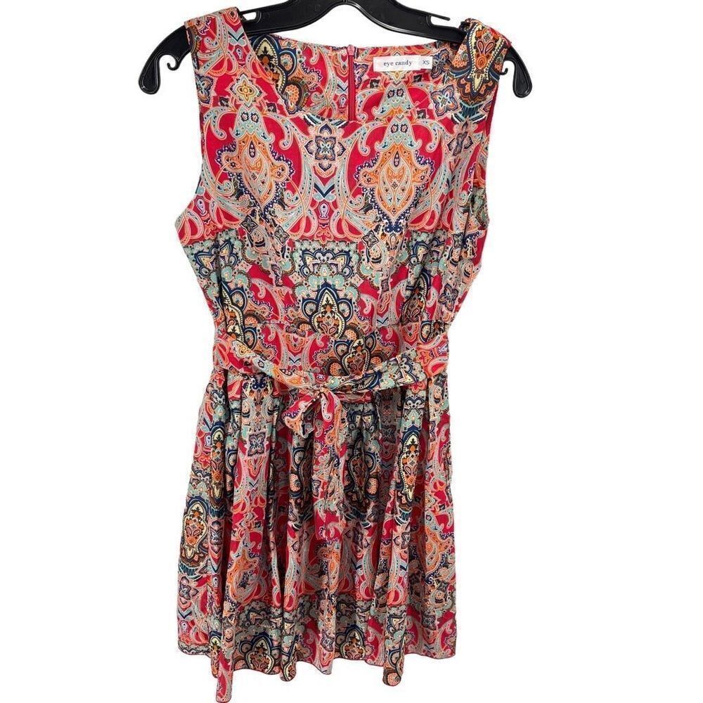 Eye Candy Womens Shift Dress Sleeveless Paisley Mini Tie Waist Boho Pink XS